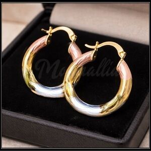 NEW 14K GOLD TRI COLOR HOOP SILVER & PINK FOIL WRAP BEVELED HUGGIE  EARRINGS